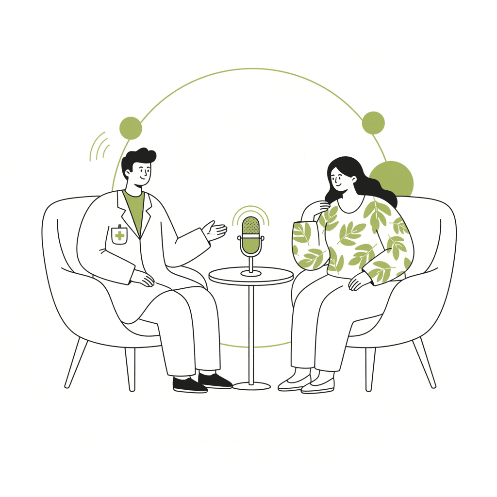 Illustration of a modern podcast-style conversation